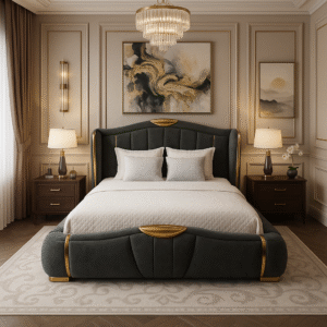 The Royal Crest – Curved Velvet Bed with Golden Finish - Image 3